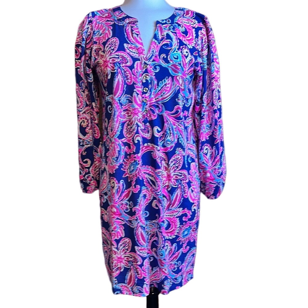 Lilly Pulitzer Emery Multi Flitting About Print Cotton Dress Size L - EUC